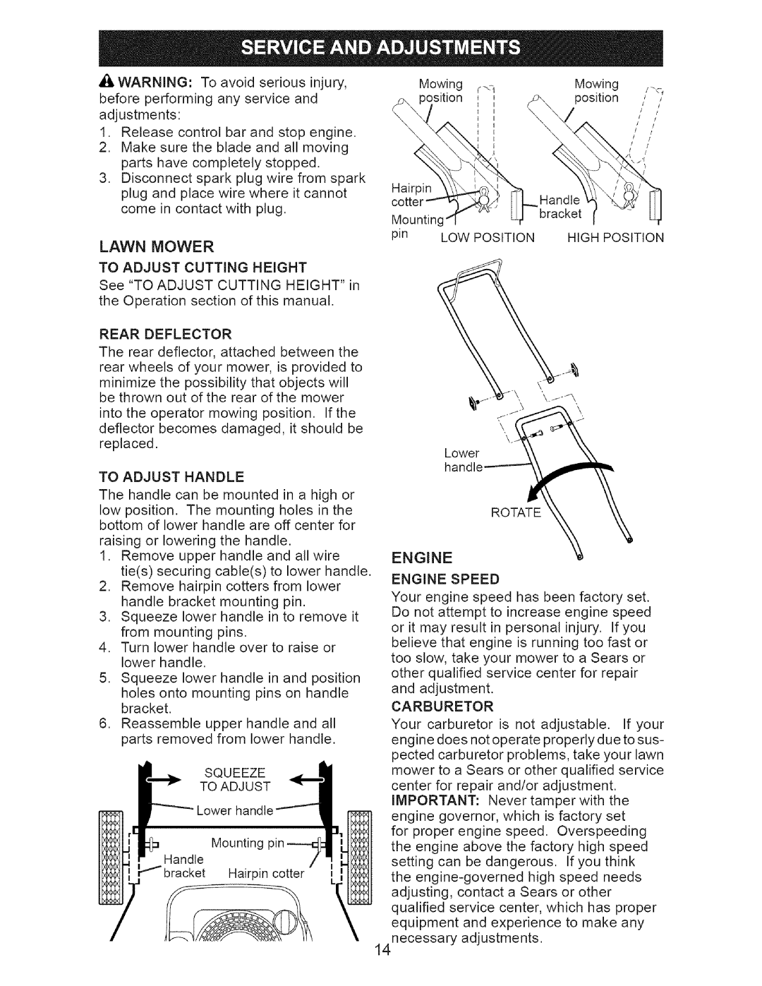 Craftsman 917.37177 Rear Deflector, To Adjust Handle, LOW Position High Position, Rotate, Carburetor, Squeeze To Adjust 