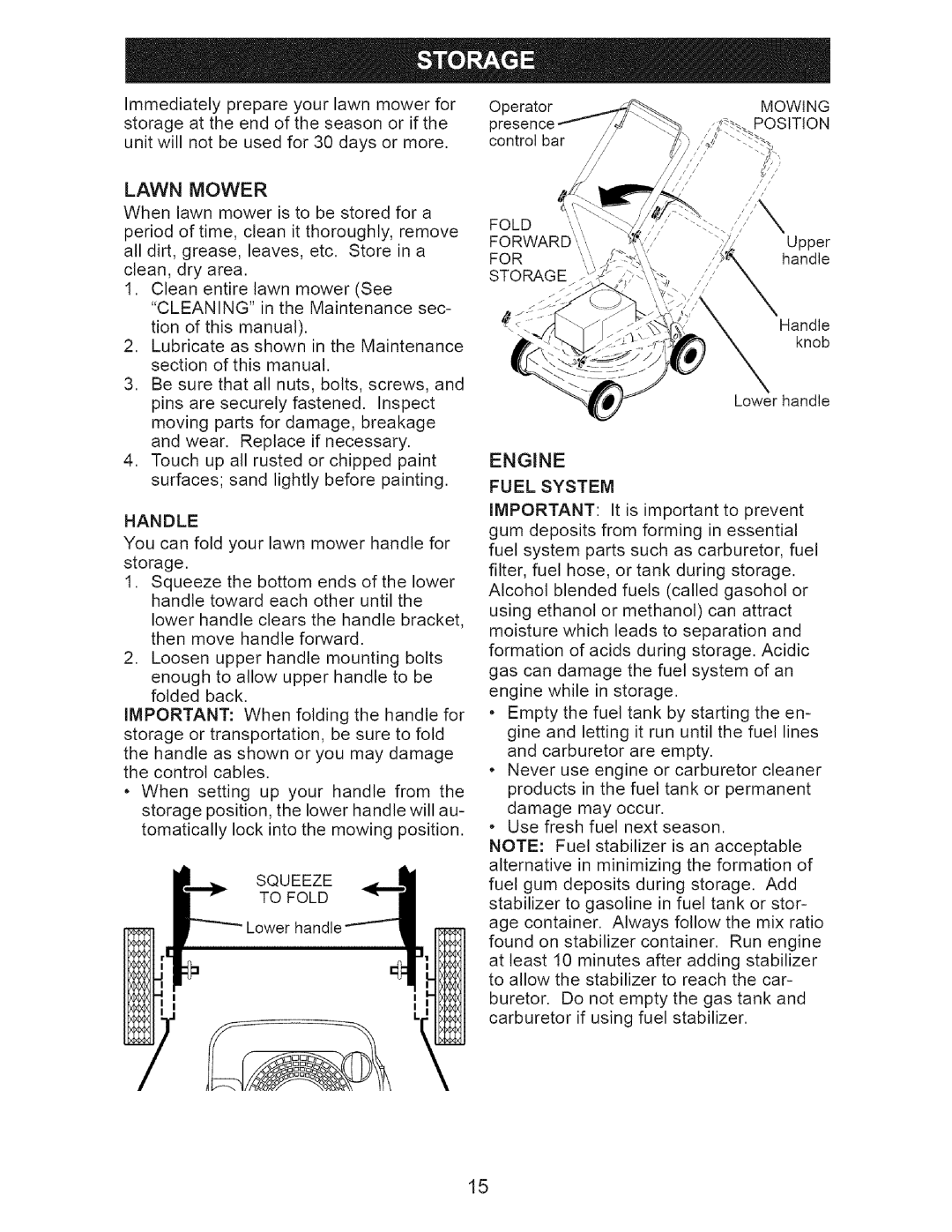 Craftsman 917.37177 manual Handle, Squeeze To Fold, Storage 