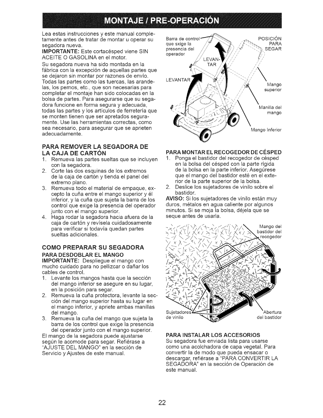 Craftsman 917.37177 manual Para Remover LA Segadora DE LA Caja DE Carton, Para Montar EL Recogedor DE Cesped 