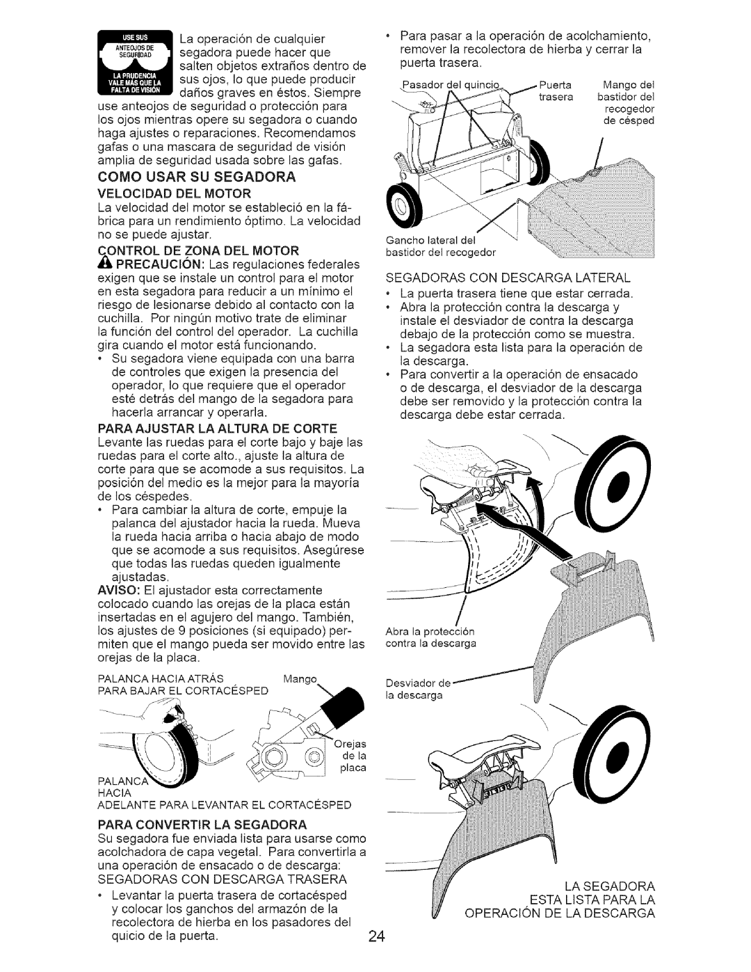 Craftsman 917.37177 manual Como Usar SU Segadora, Velocidad DEL Motor, Segadoras CON Descarga Lateral 