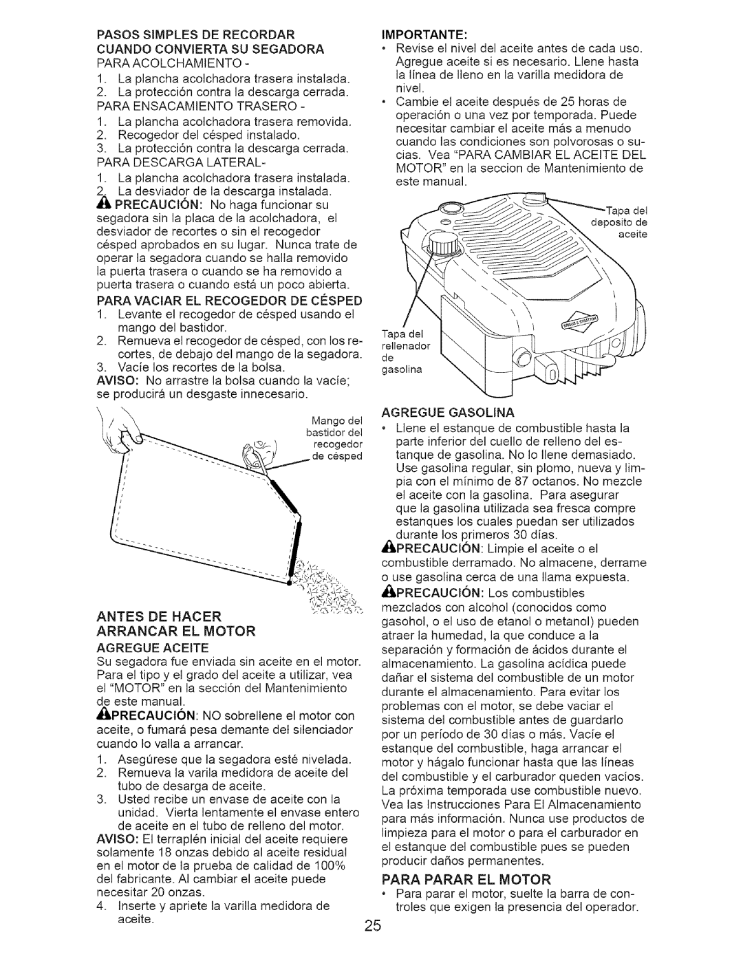 Craftsman 917.37177 manual Pasos Simples DE Recordar Cuando Convierta SU Segadora, Para Ensacamiento Tfrasero, Importante 