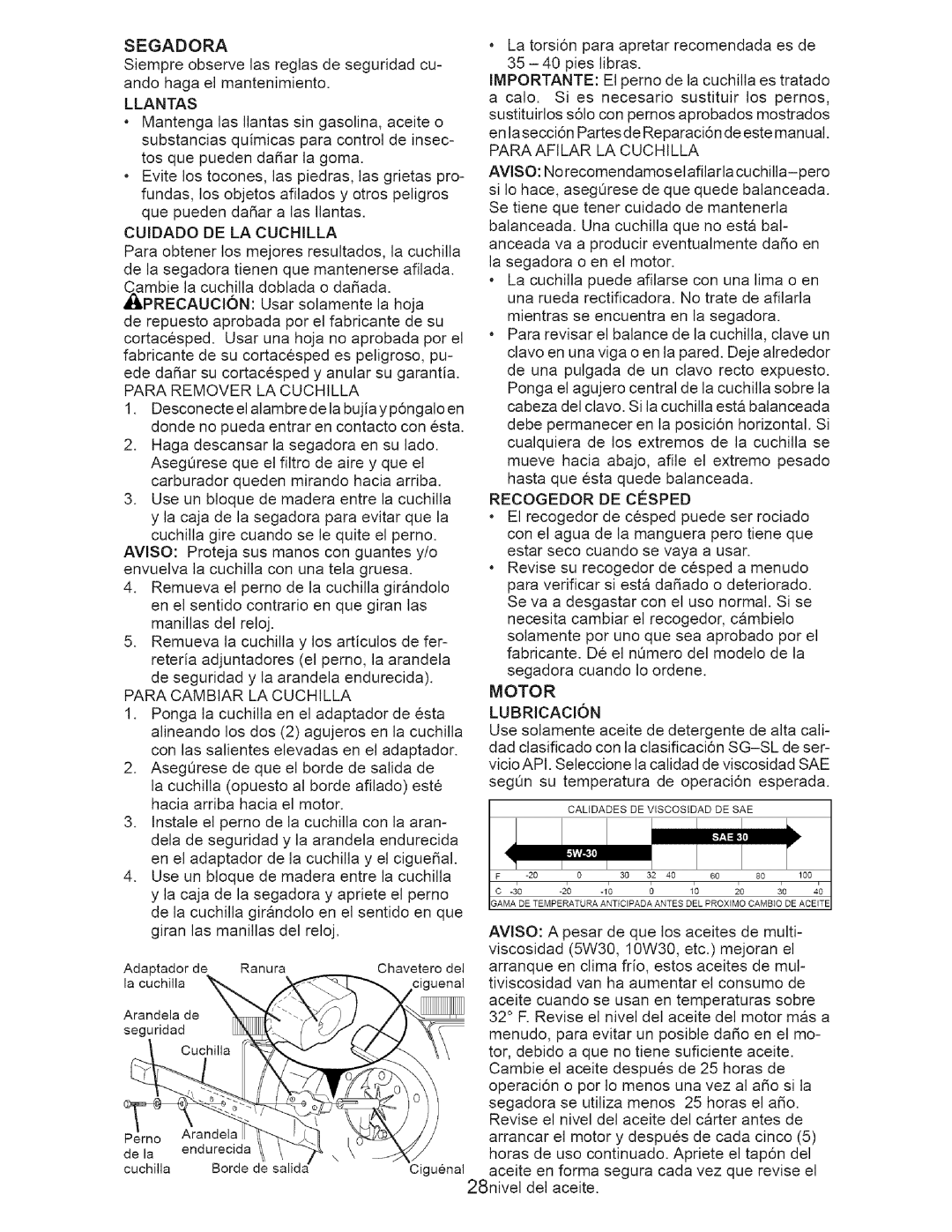 Craftsman 917.37177 manual Segadora, Llantas, Cuidado DE LA Cuchilla, Para Remover LA Cuchilla, Recogedor DE Cosped 