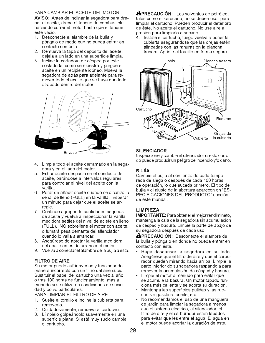 Craftsman 917.37177 manual Filtro DE Aire, Buja, Limpieza 