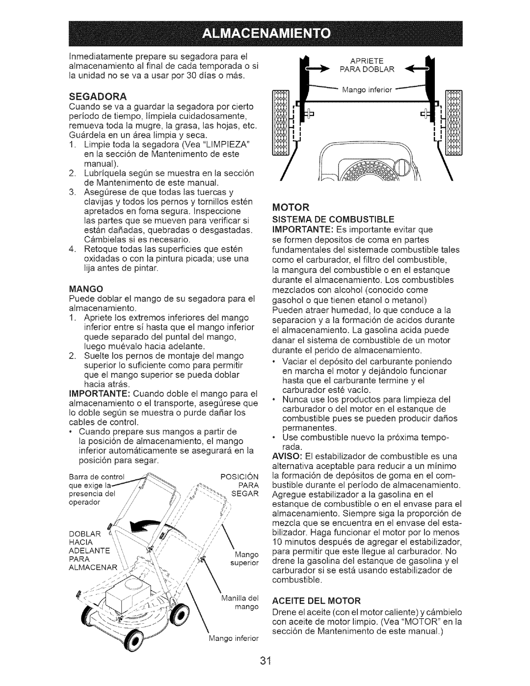 Craftsman 917.37177 manual Mango, Hacia, Motor Sistema DE Combustible, Aceite DEL Motor 