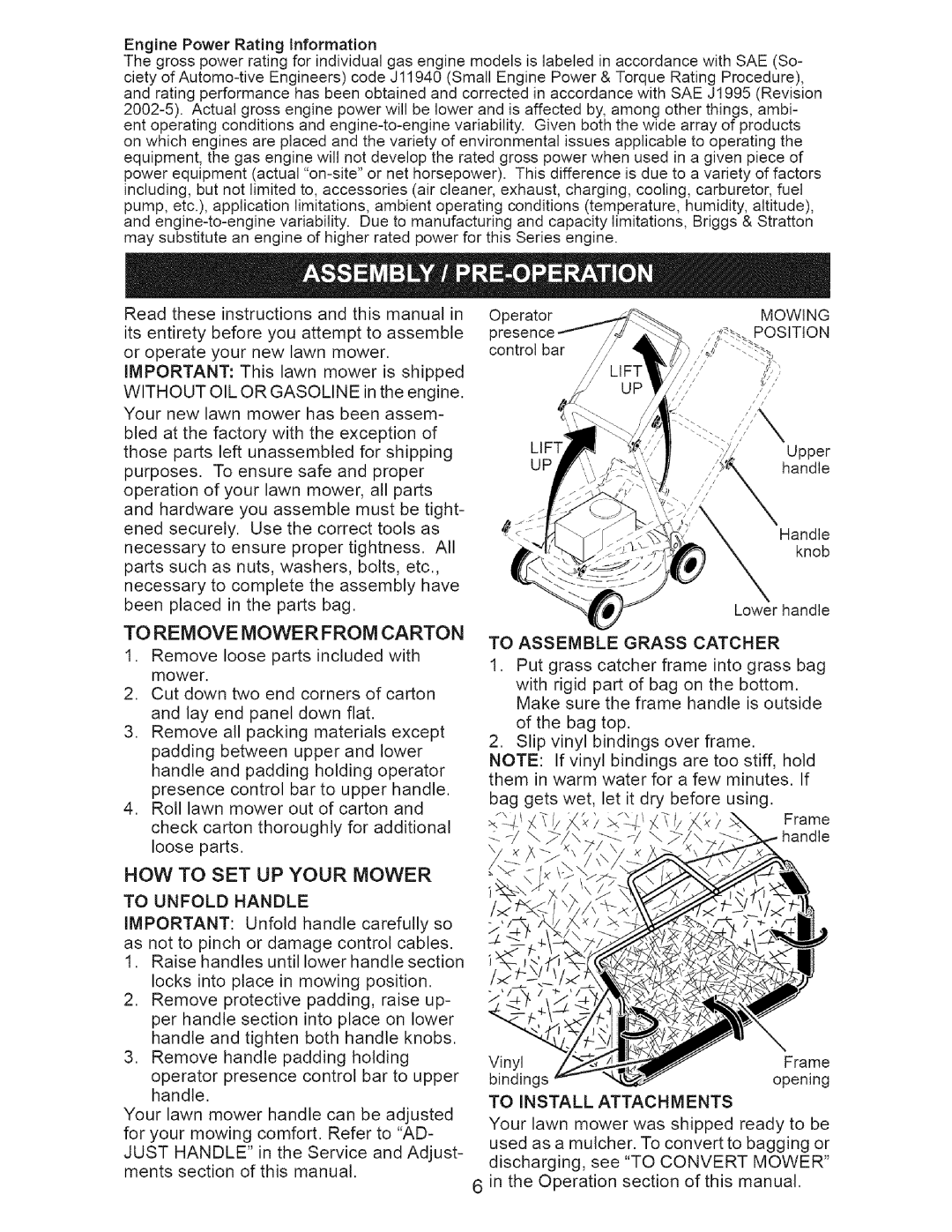 Craftsman 917.37177 manual HOW to SET UP Your Mower 