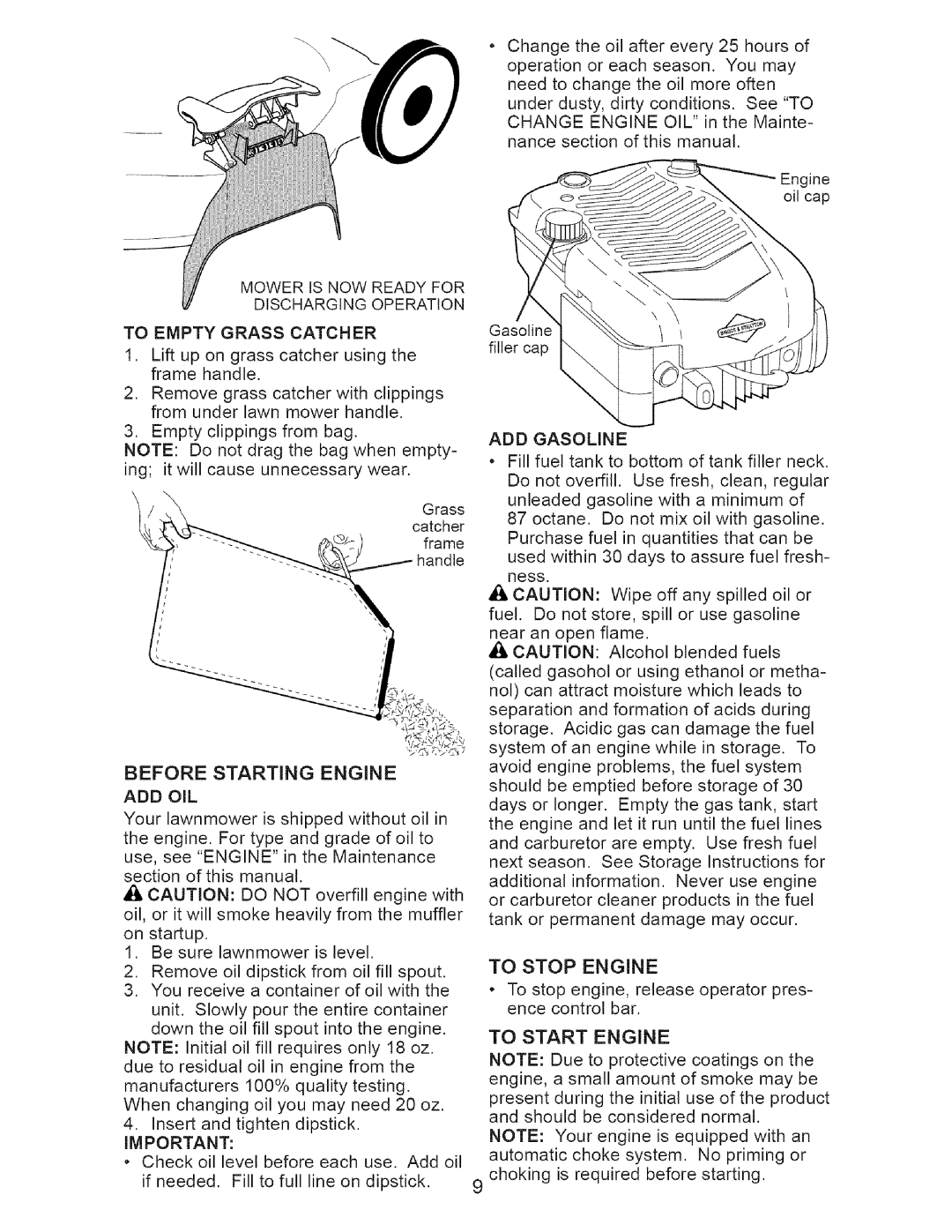 Craftsman 917.37177 manual Before Starting Engine, To Empty Grass Catcher, Add Oil, ADD Gasoline, To Start Engine 