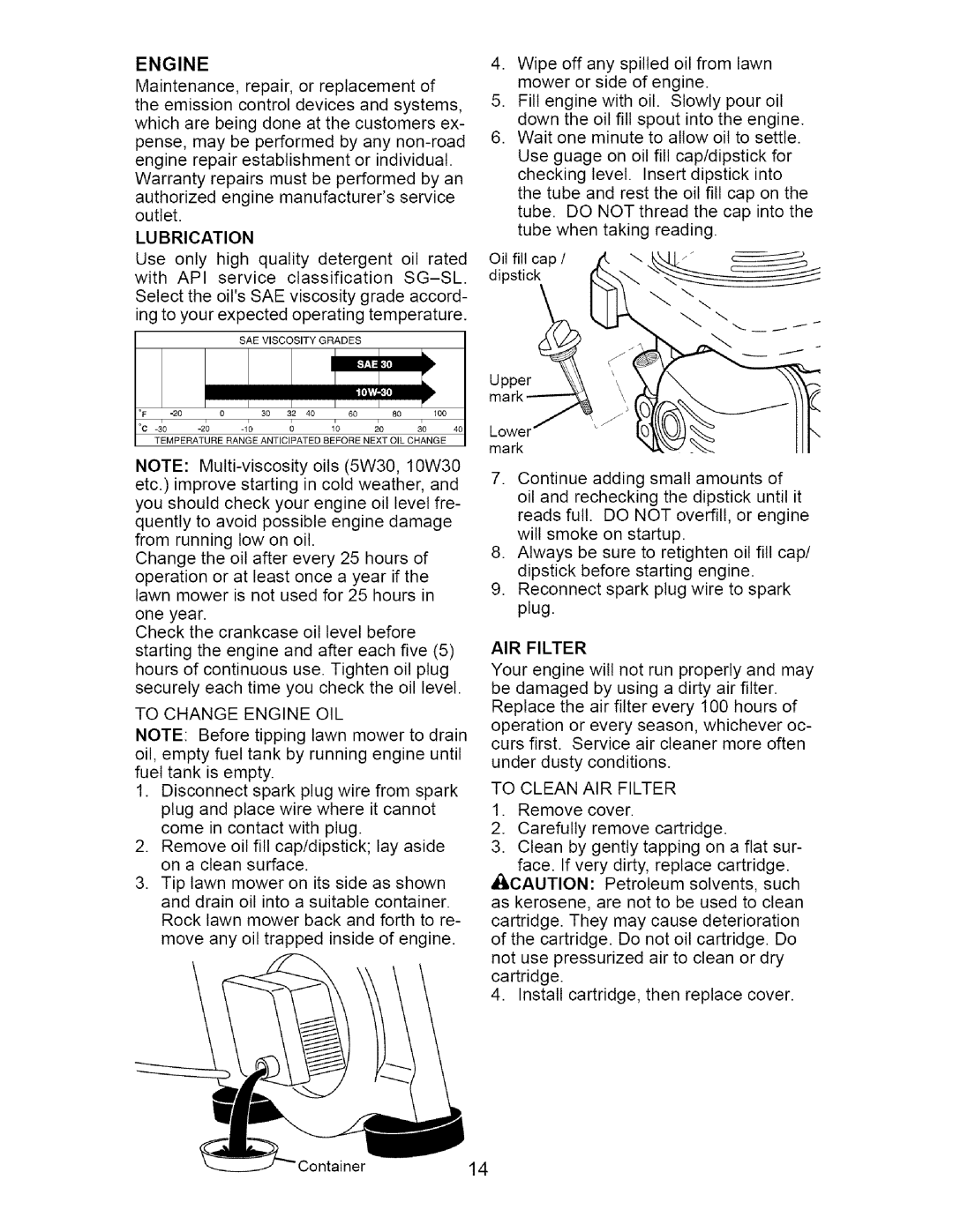 Craftsman 917.37181 owner manual To Change Engine OIL, To Clean AIR Filter 