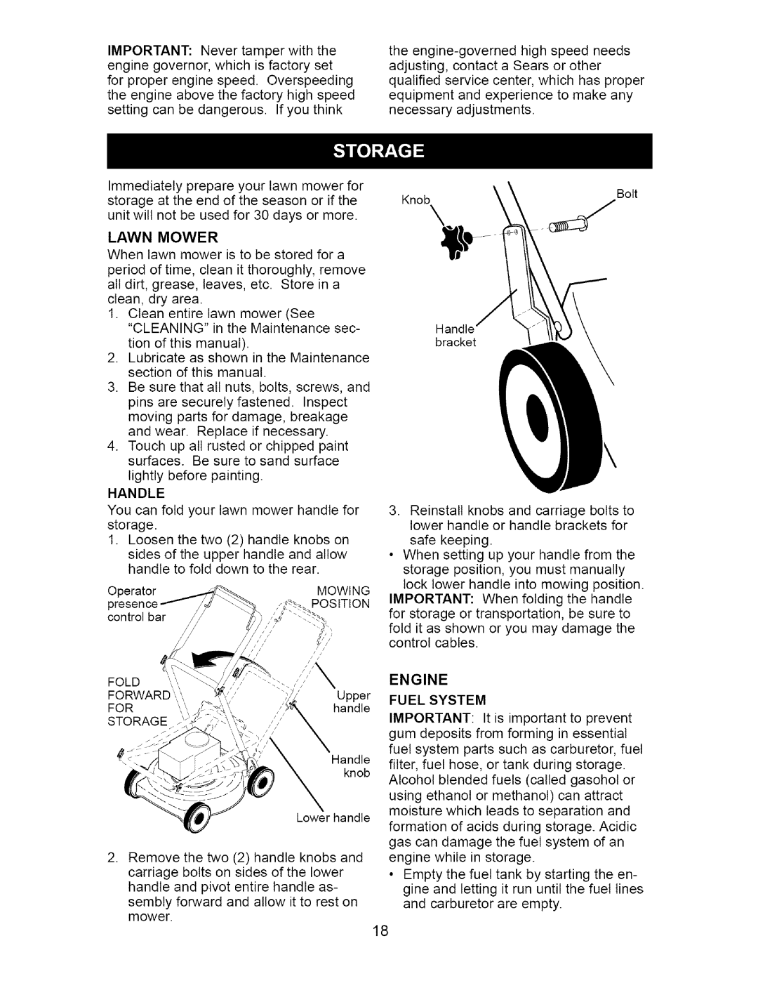 Craftsman 917.37181 owner manual Lawn Mower, Handle, Fold, Storage, Engine Fuel System 