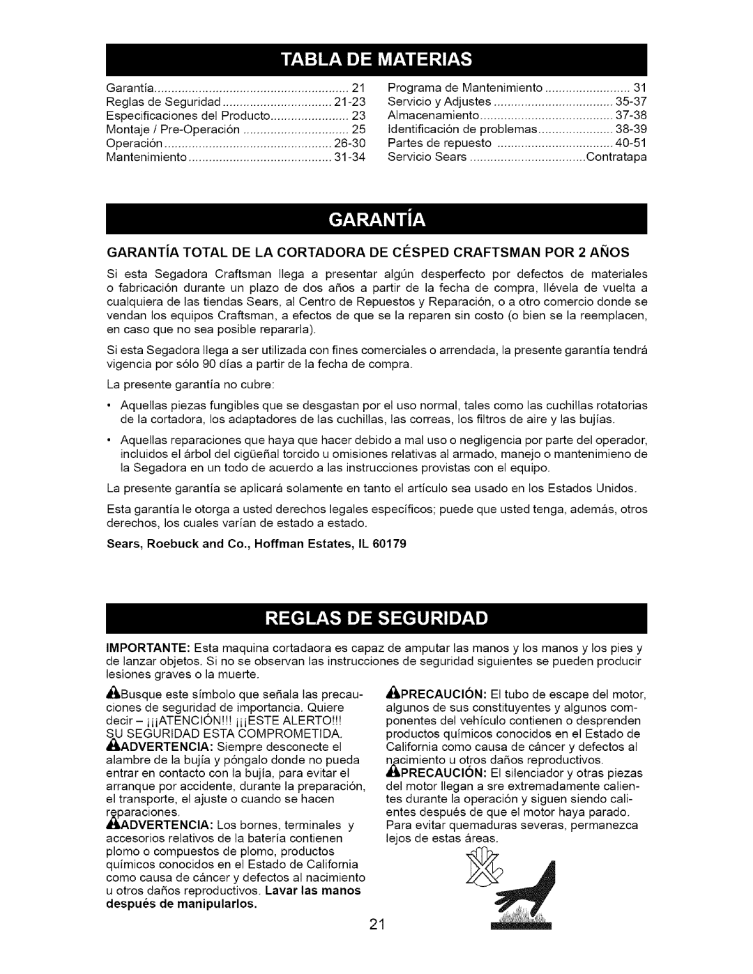 Craftsman 917.37181 owner manual Garantia Programa de Mantenimiento Reglas de Seguridad 