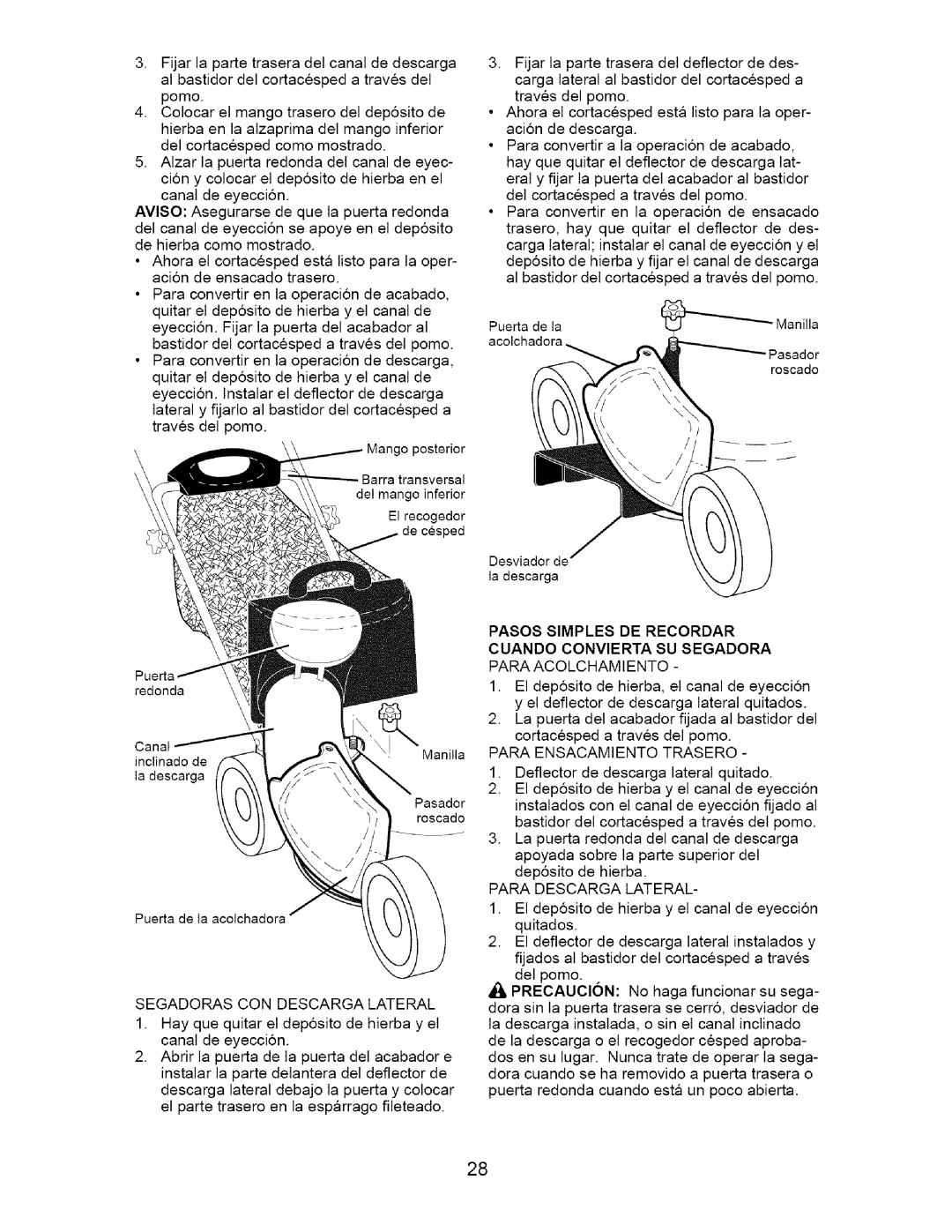 Craftsman 917.37181 owner manual Segadoras CON Descarga Lateral, Para Ensacamiento Trasero, Para Descarga Lateral 