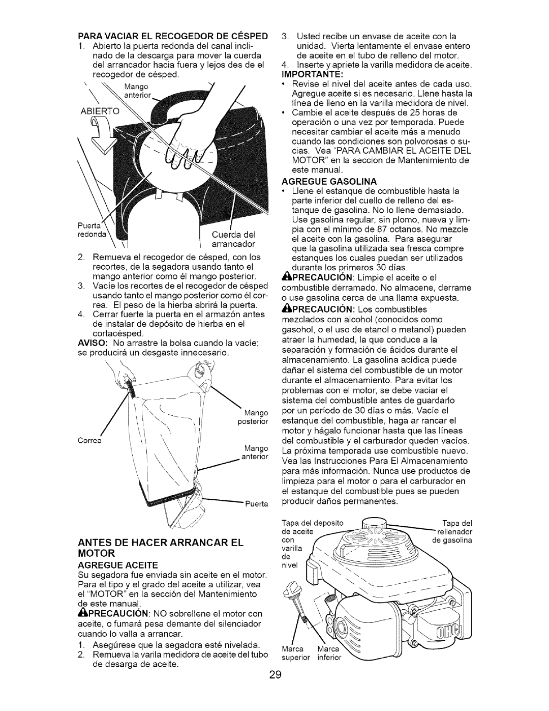 Craftsman 917.37181 owner manual Abierto, Antes DE Hacer Arrancar EL, Motor Agregue Aceite, Importante, Agregue Gasolina 