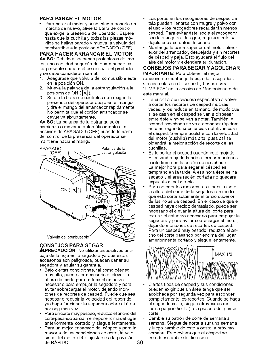 Craftsman 917.37181 Para Parar EL Motor, Para Hacer Arrancar EL Motor, Consejos Para Segar Y Acolchar, PRECAUCI6N 