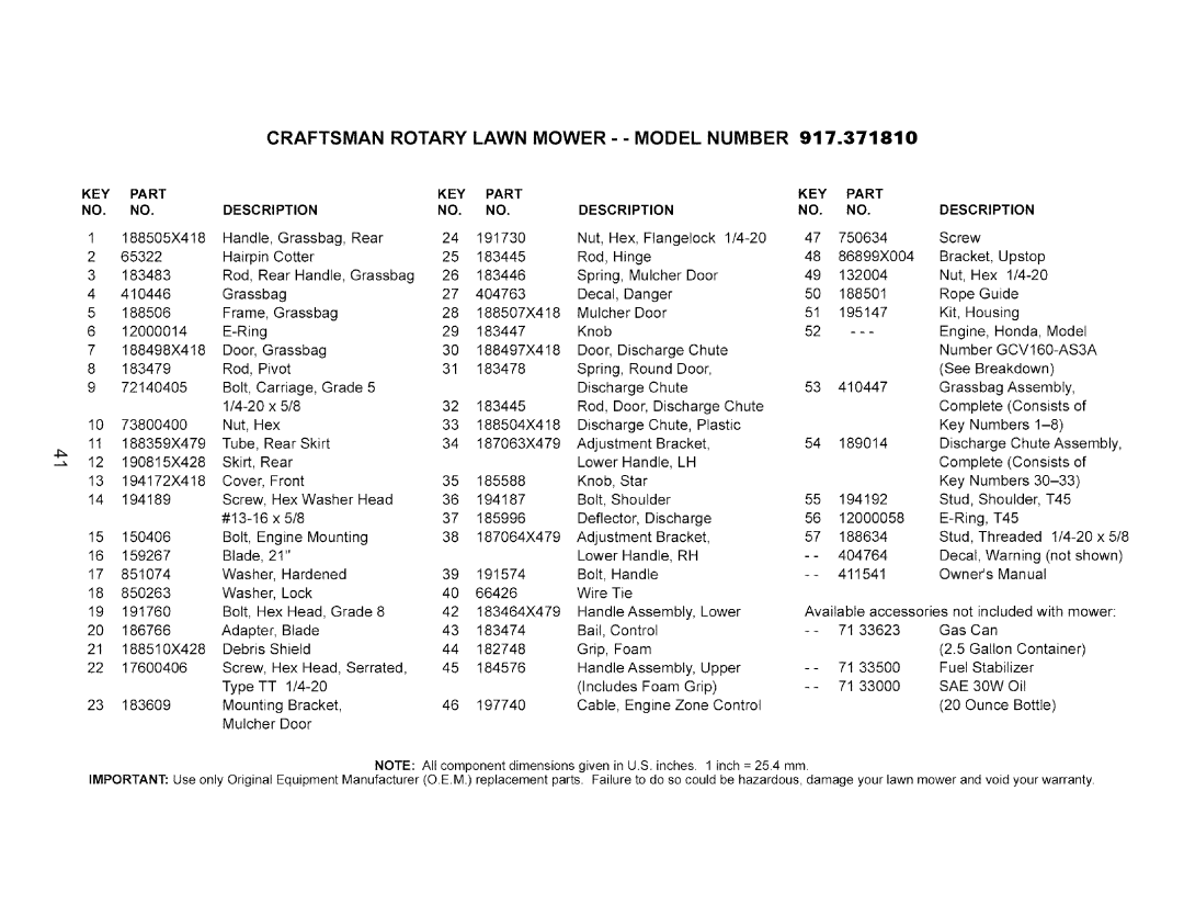 Craftsman owner manual Craftsman Rotary Lawn Mower - Model Number, 917.371810 