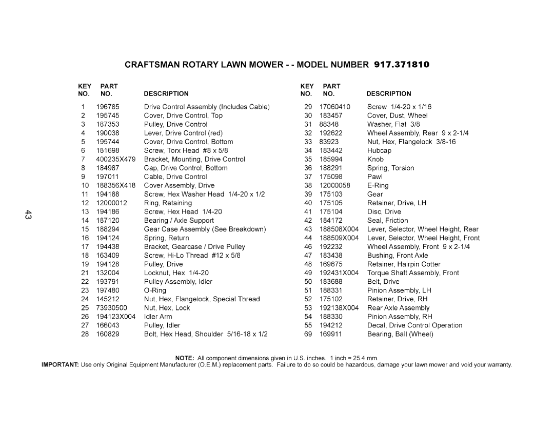 Craftsman 917.37181 owner manual Craftsman Rotary Lawn Mower Model Number, Bearing Ball Wheel 