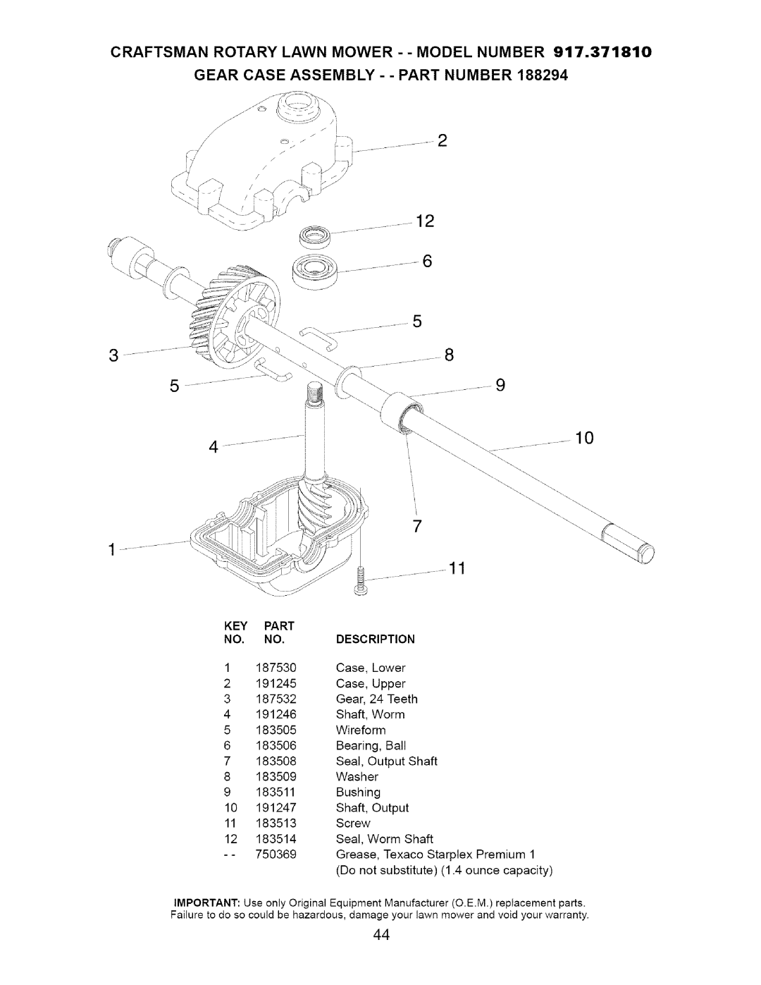 Craftsman 917.37181 owner manual KEY Part Description 