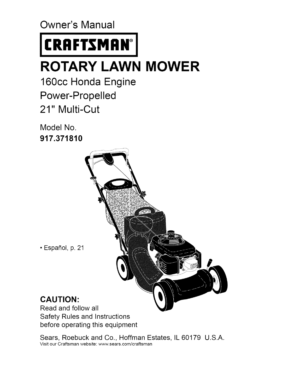 Craftsman 917.37181 owner manual Owners Manual, Crrftsmiin, Rotary Lawn Mower, 160cc Honda Engine Power-Propelled 