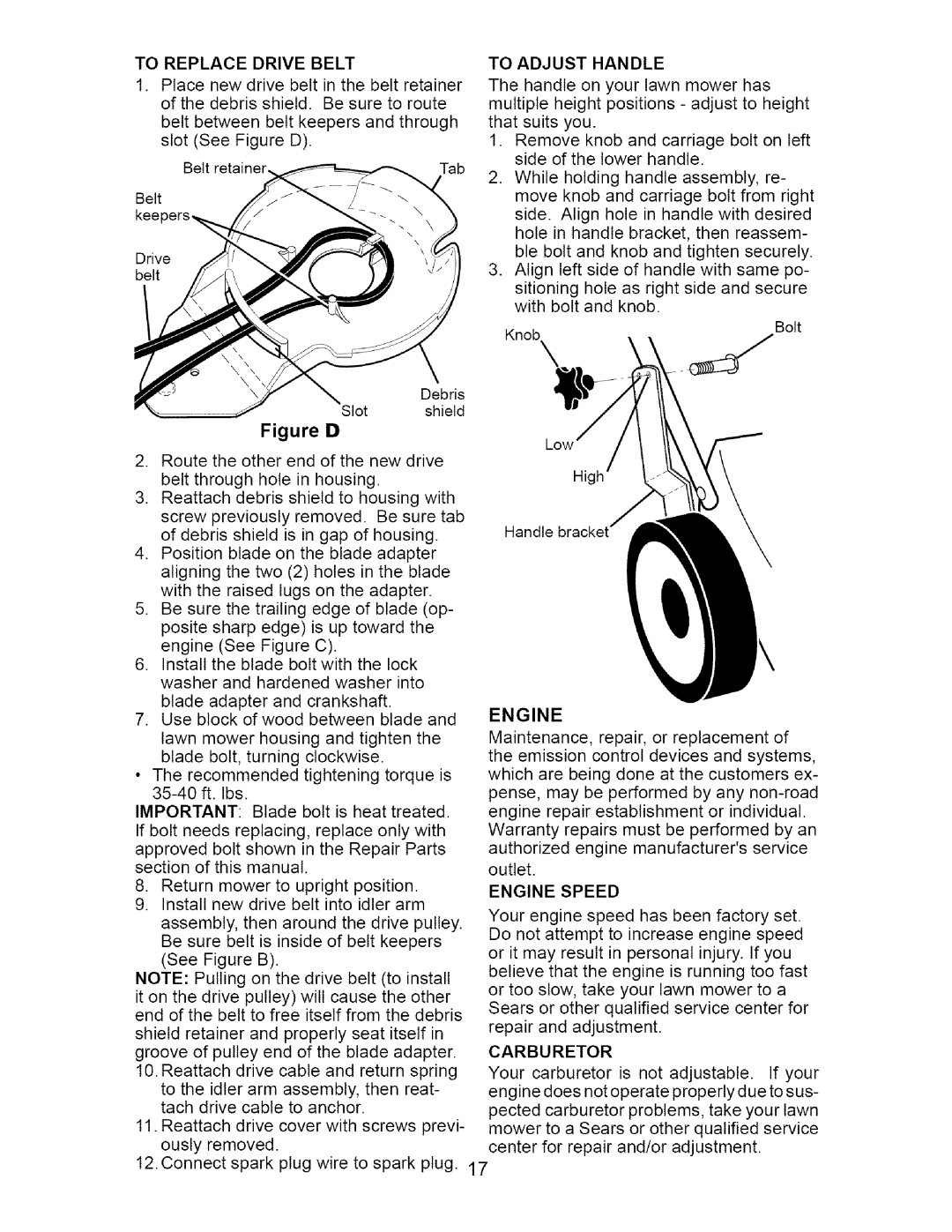 Craftsman 917.37181 owner manual Figure D, To Replace Drive Belt 