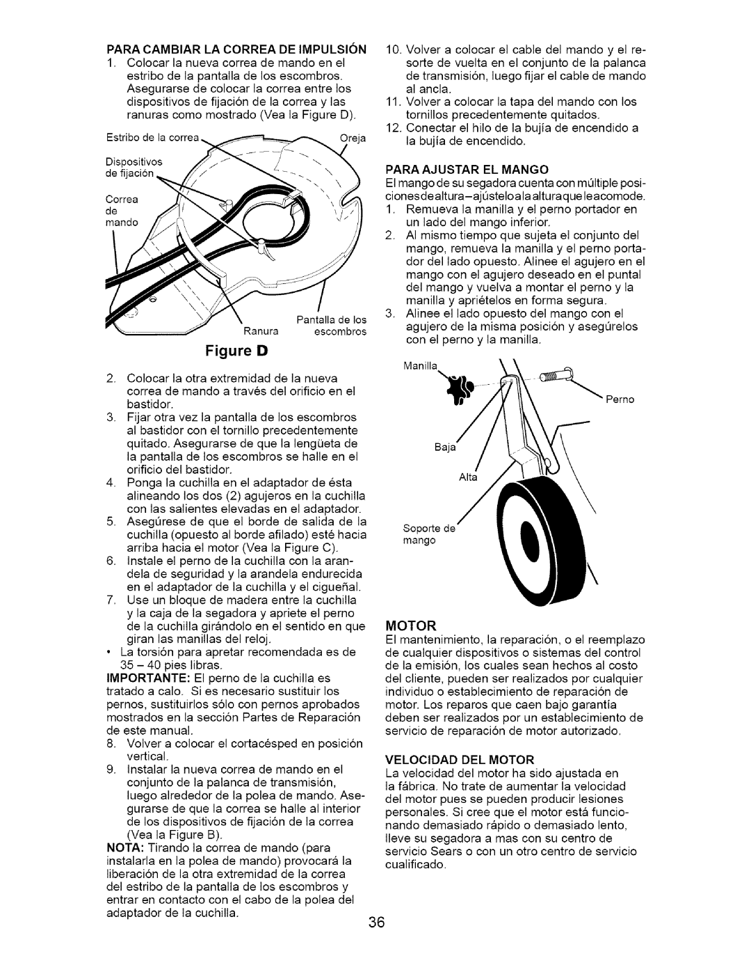 Craftsman 917.37181 owner manual Figure D, Para Ajustar El Mango, Motor 
