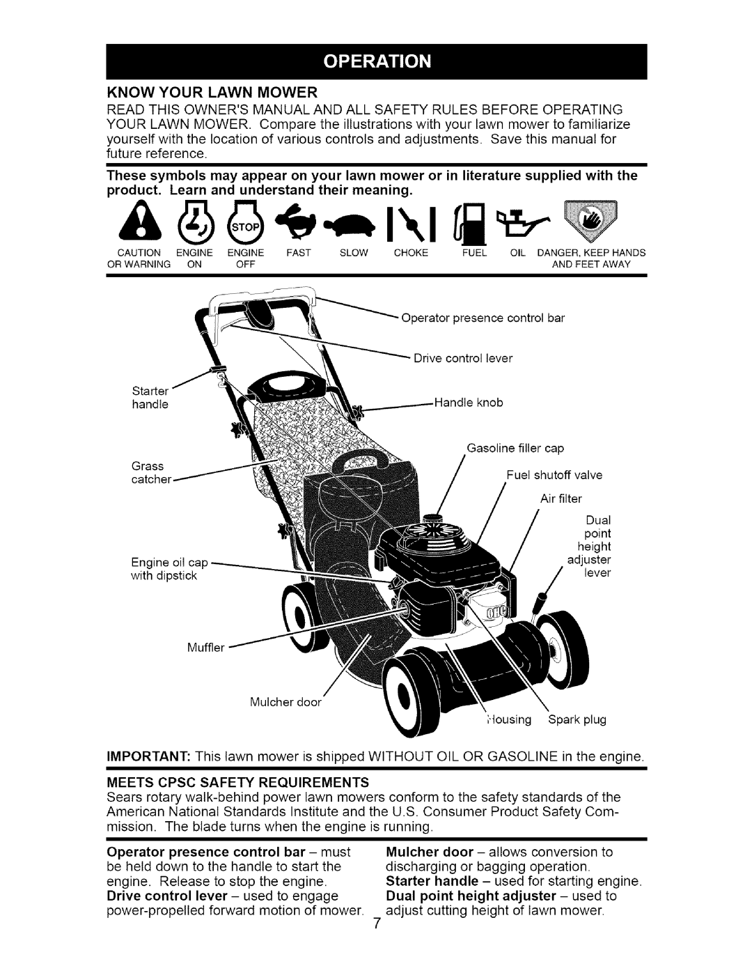 Craftsman 917.37181 Know Your Lawn Mower, product. Learn and understand their meaning, Meets Cpsc Safety Requirements 