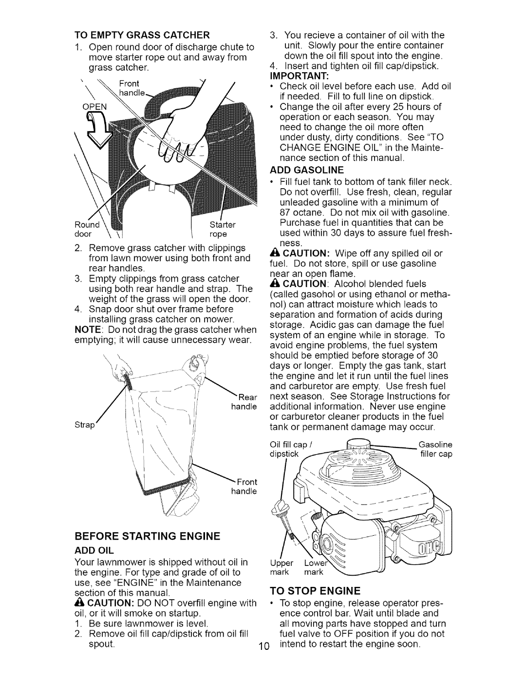 Craftsman 917.371811 manual Before Starting Engine, ADD Gasoline, Add Oil, To Stop Engine 