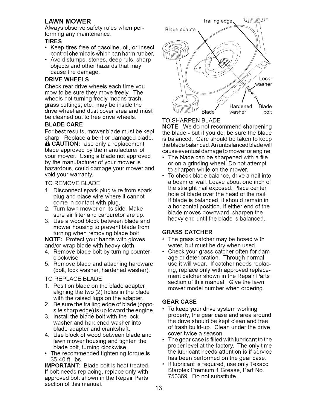 Craftsman 917.371811 Lawn Mower, Tires, Drive Wheels, Blade Care, To Remove Blade, To Replace Blade, To Sharpen Blade 