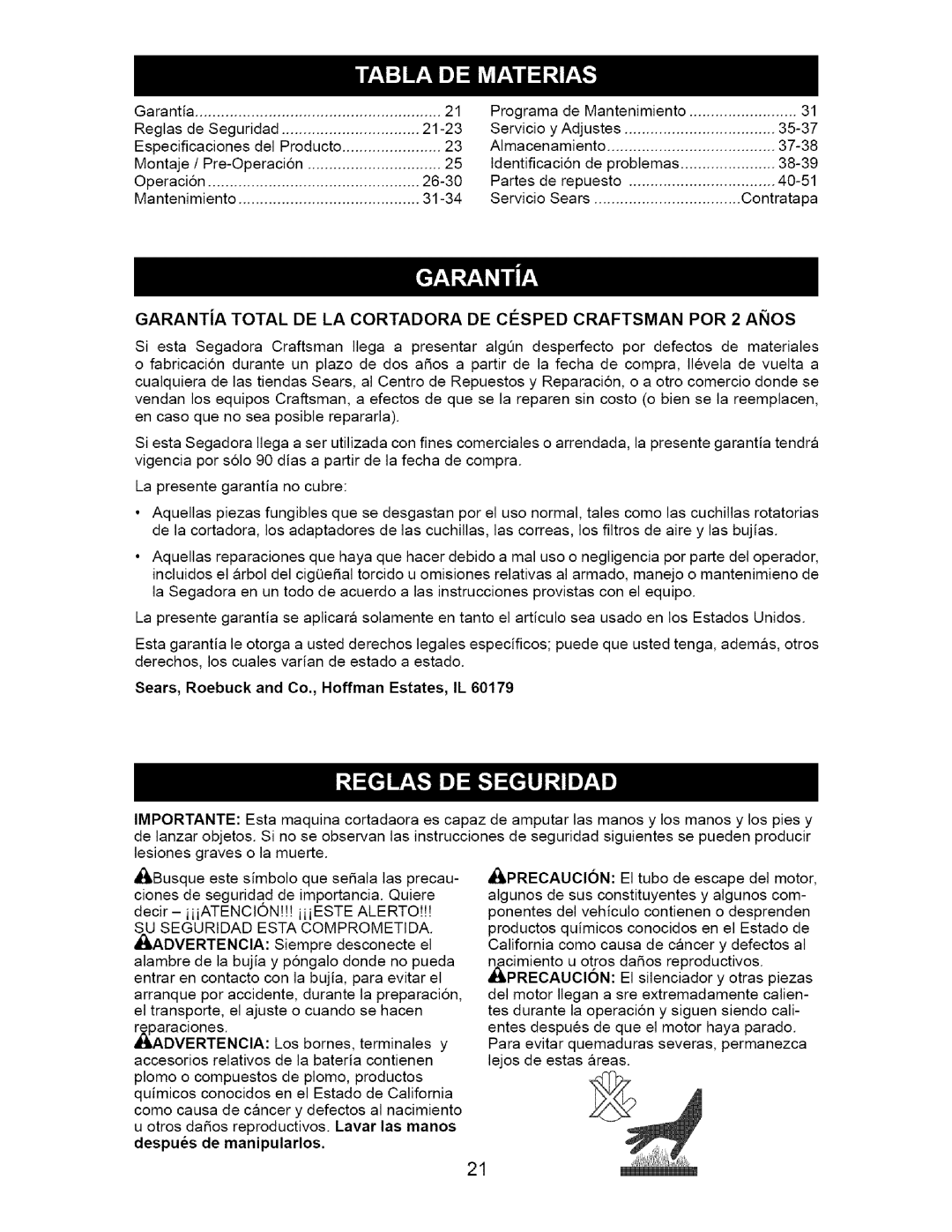 Craftsman 917.371811 manual Garantia Programa de Mantenimiento Reglas de Seguridad 