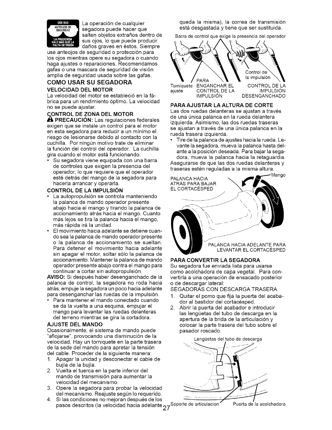 Craftsman 917.371811 manual SU Segadora, DEL Motor, LA Segadora, DEL Mando 