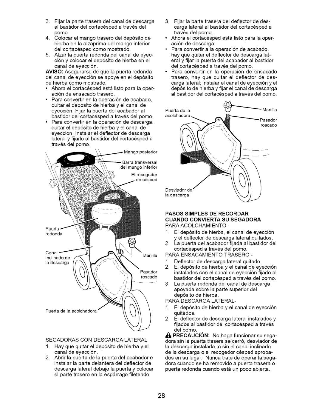 Craftsman 917.371811 manual Segadoras CON Descarga Lateral, Para Ensacamiento Trasero, Para Descarga Lateral 