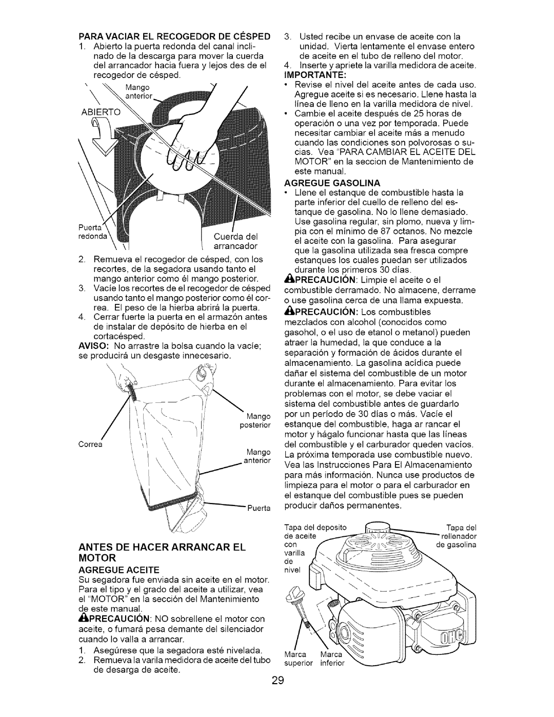 Craftsman 917.371811 manual Abierto, Antes DE Hacer Arrancar EL, Motor Agregue Aceite, Importante, Agregue Gasolina 