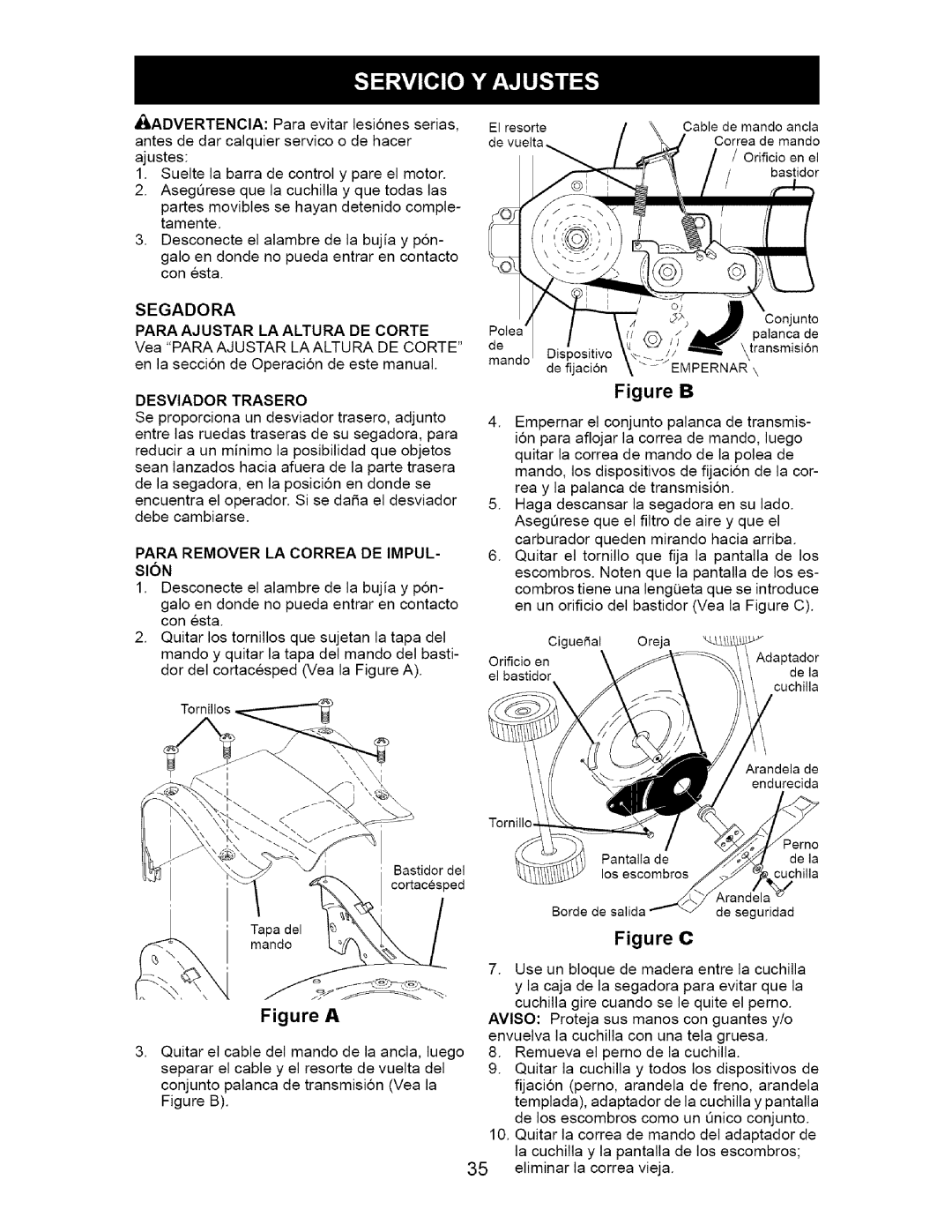 Craftsman 917.371811 manual Segadora Para Ajustar LA Altura DE Corte, Para Remover LA Correa DE Impul 