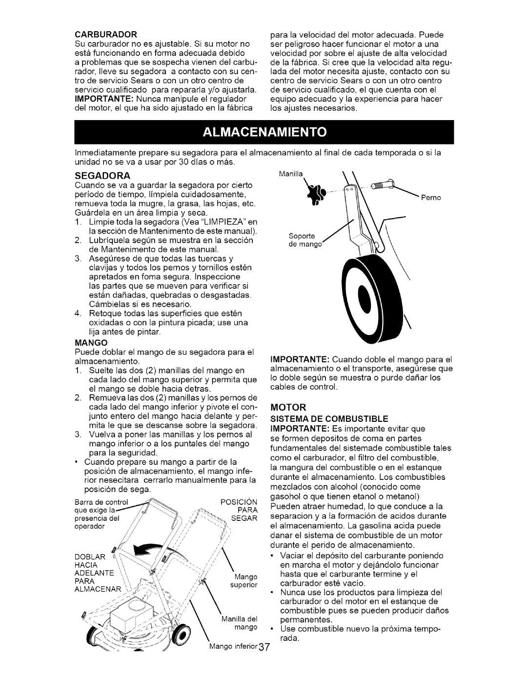 Craftsman 917.371811 manual Mango, Doblar Hacia Adelante, Almacenar, Motor Sistema DE Combustible 