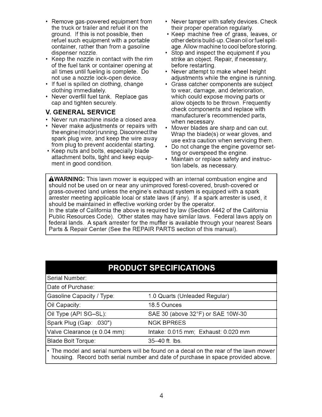 Craftsman 917.371811 manual GasolineCapacity/ Type 