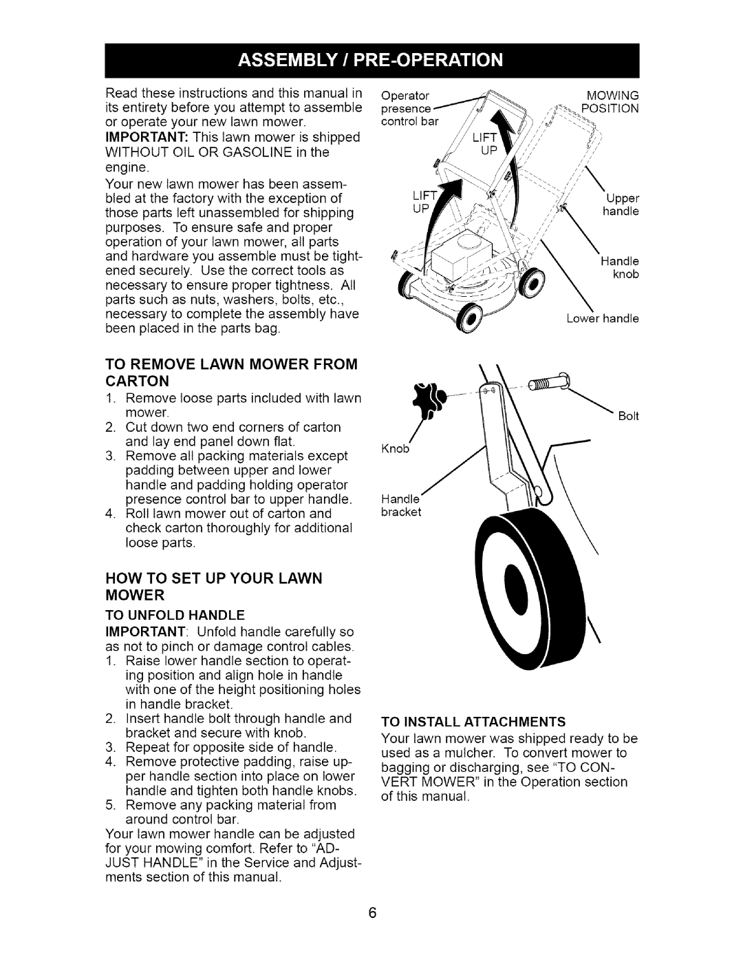 Craftsman 917.371811 HOW to SET UP Your Lawn Mower, To Remove Lawn Mower from, To Unfold Handle, To Install Attachments 