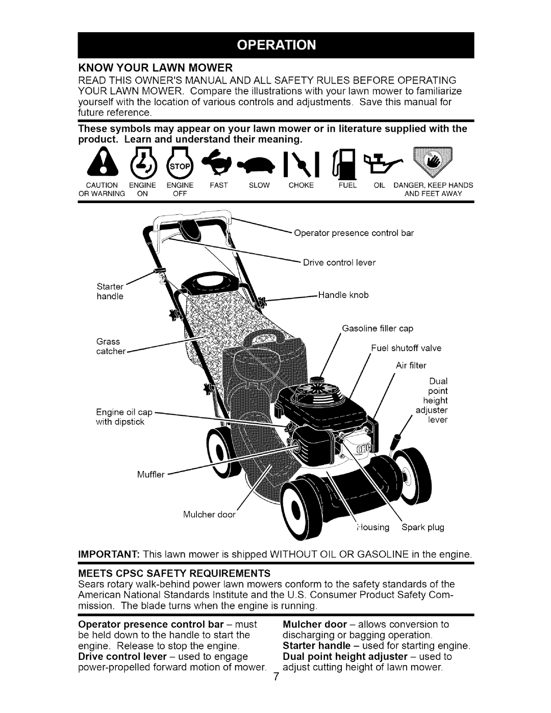 Craftsman 917.371811 manual Know Your Lawn Mower, Meets Cpsc Safety Requirements 