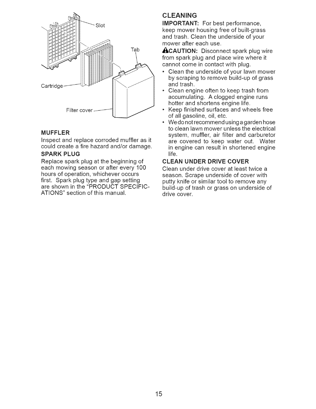 Craftsman 917.371812 owner manual Muffler, Spark Plug, Clean Under Drive Cover 