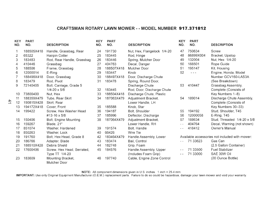 Craftsman 917.371812 owner manual GCV160-LAS3A, SAE 30W 