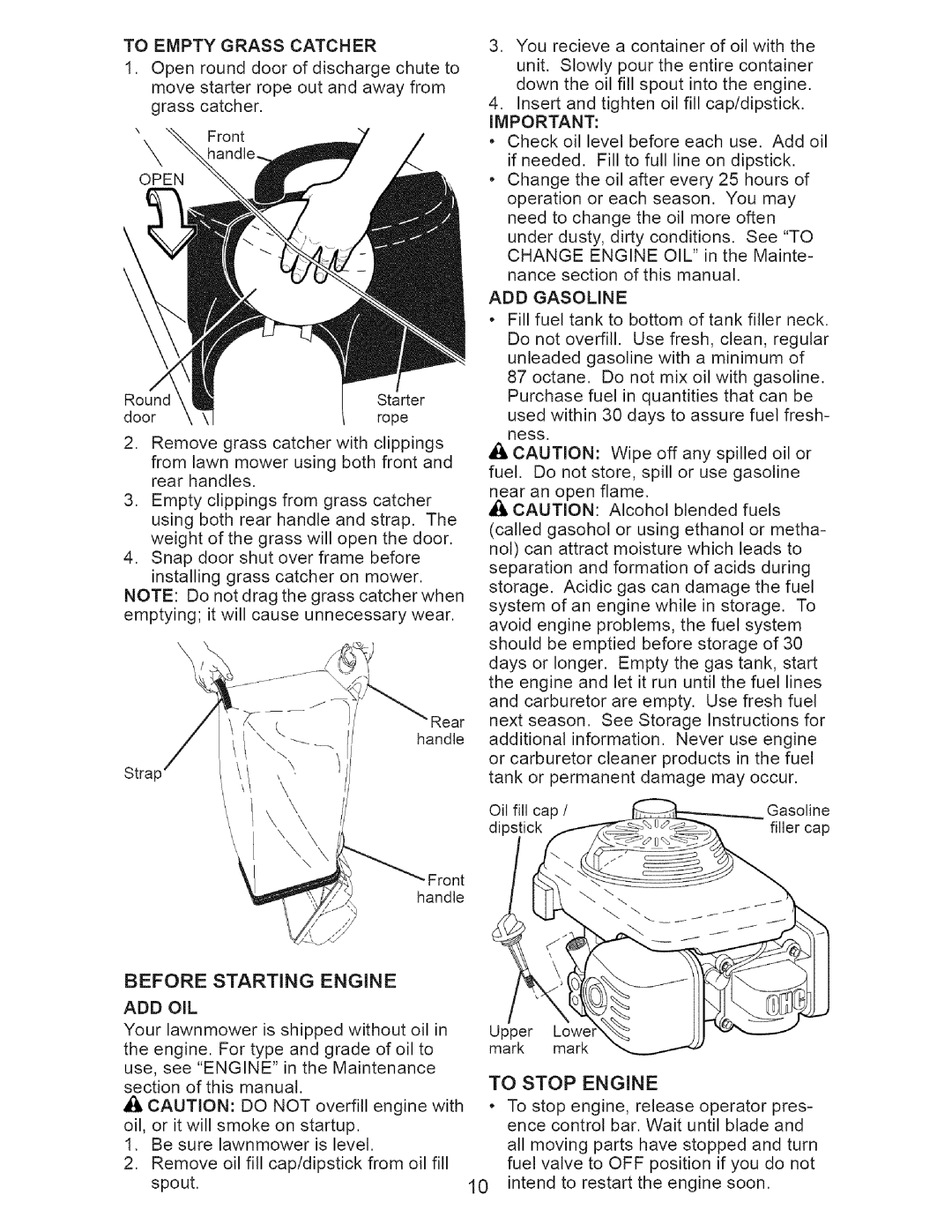 Craftsman 917.371812 owner manual To Empty Grass Catcher, Before Starting Engine, Add Gasoline 