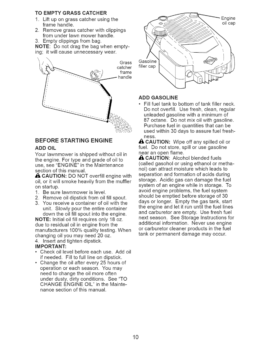 Craftsman 917.37192 manual Before Starting Engine, To Empty Grass Catcher, Add Oil, ADD Gasoline 