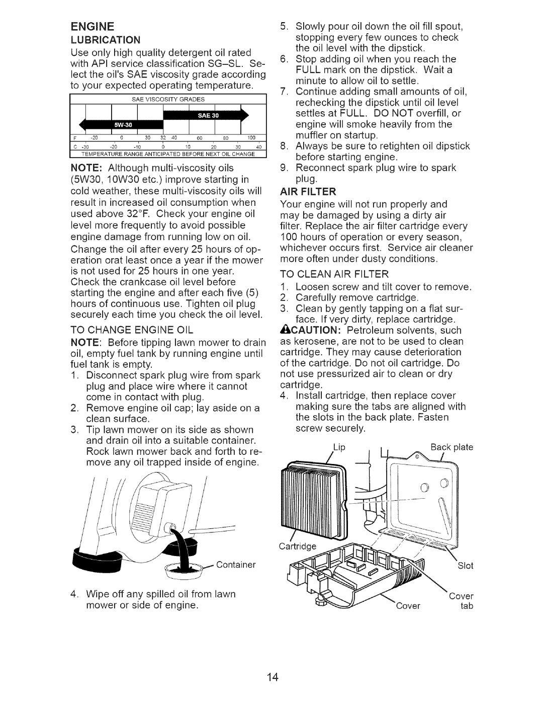 Craftsman 917.37192 manual To Change Engine OIL, To Clean AIR Filter 