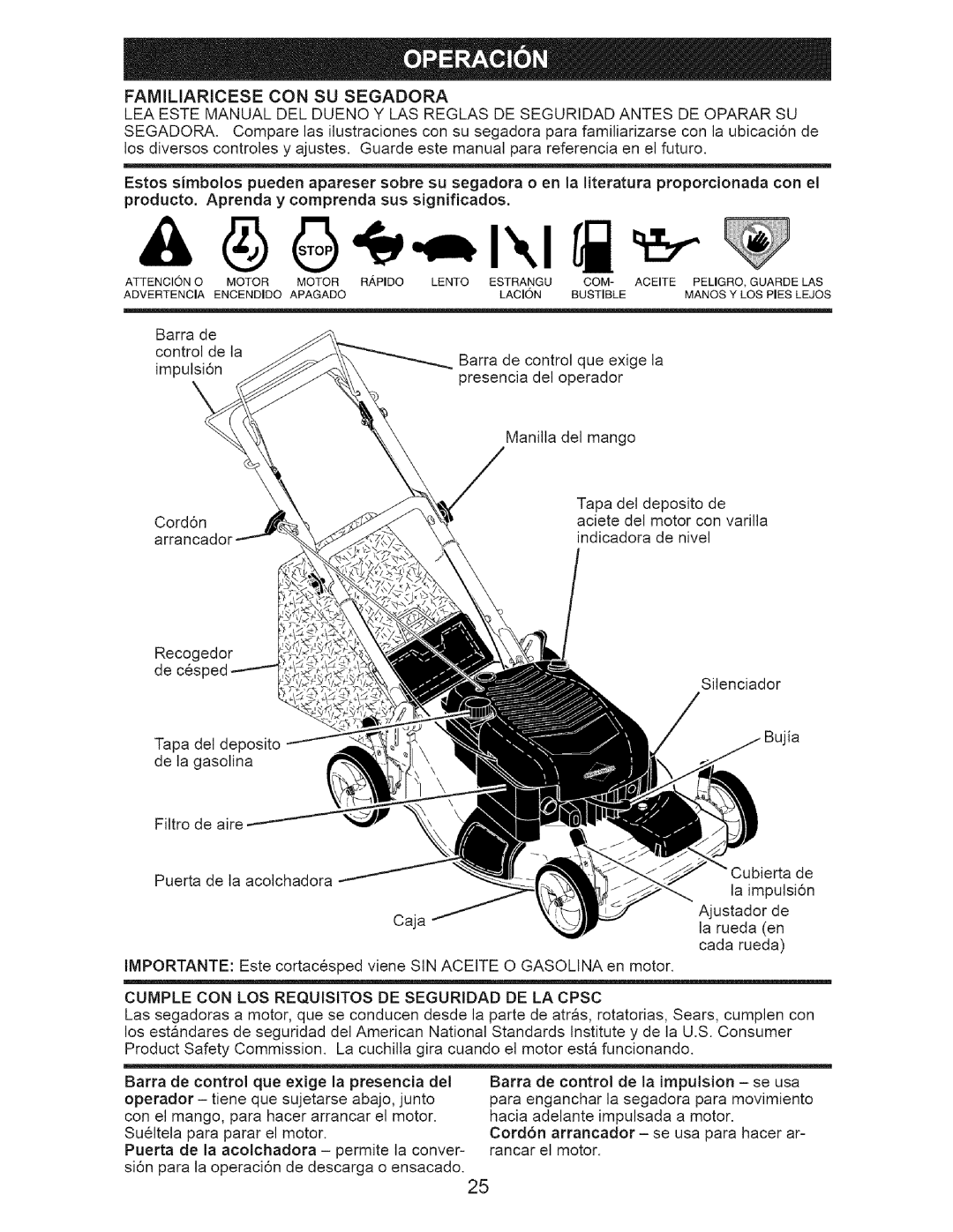 Craftsman 917.37192 manual Familiaricese CON SU Segadora, Cumple CON LOS Requisitos DE Seguridad DE LA Cpsc 