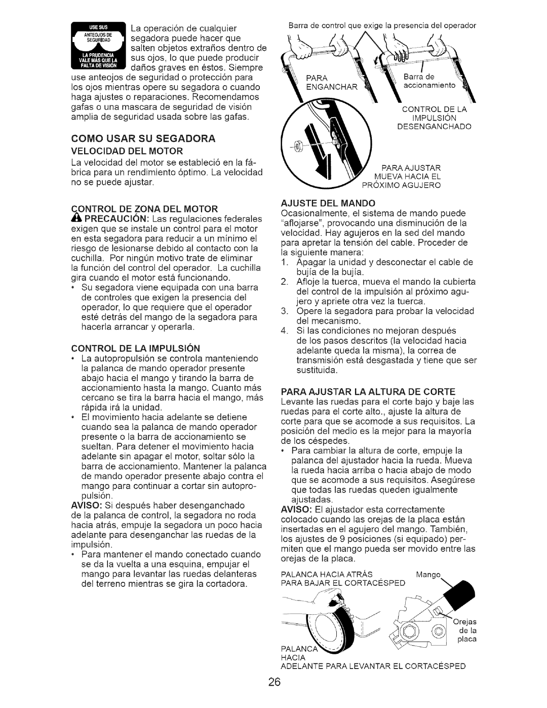 Craftsman 917.37192 manual Como Usar SU Segadora Velocidad DEL Motor, Control DE LA Impulsion, Ajuste DEL Mando 