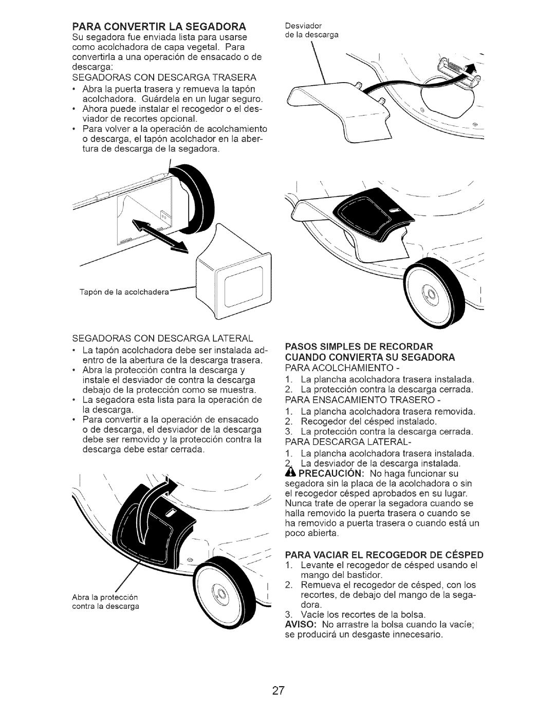 Craftsman 917.37192 manual Para Convertir LA Segadora, Segadoras CON Descarga Trasera, Segadoras CON Descarga Lateral 