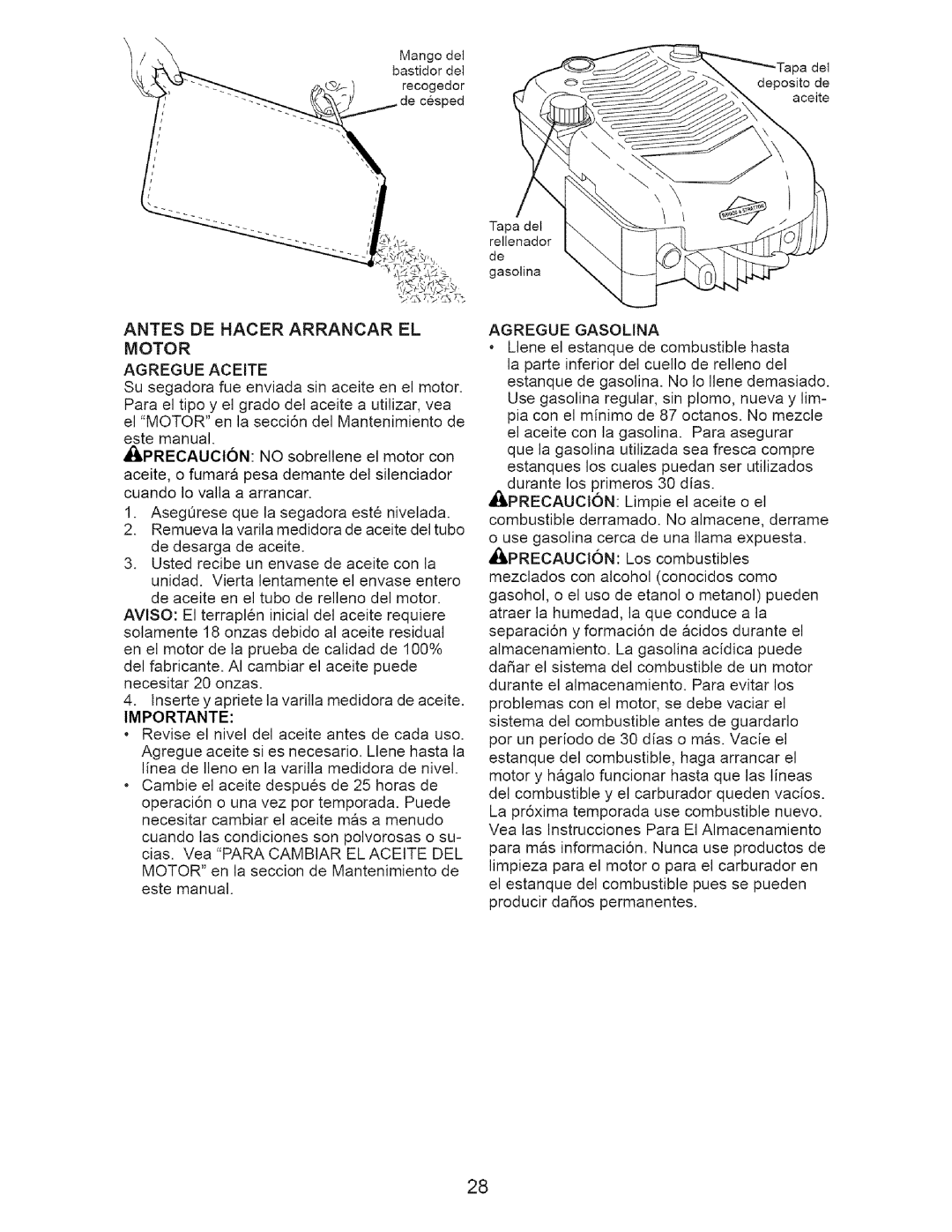 Craftsman 917.37192 manual Antes DE Hacer Arrancar EL Motor Agregue Aceite, Importante, Agregue Gasolina 