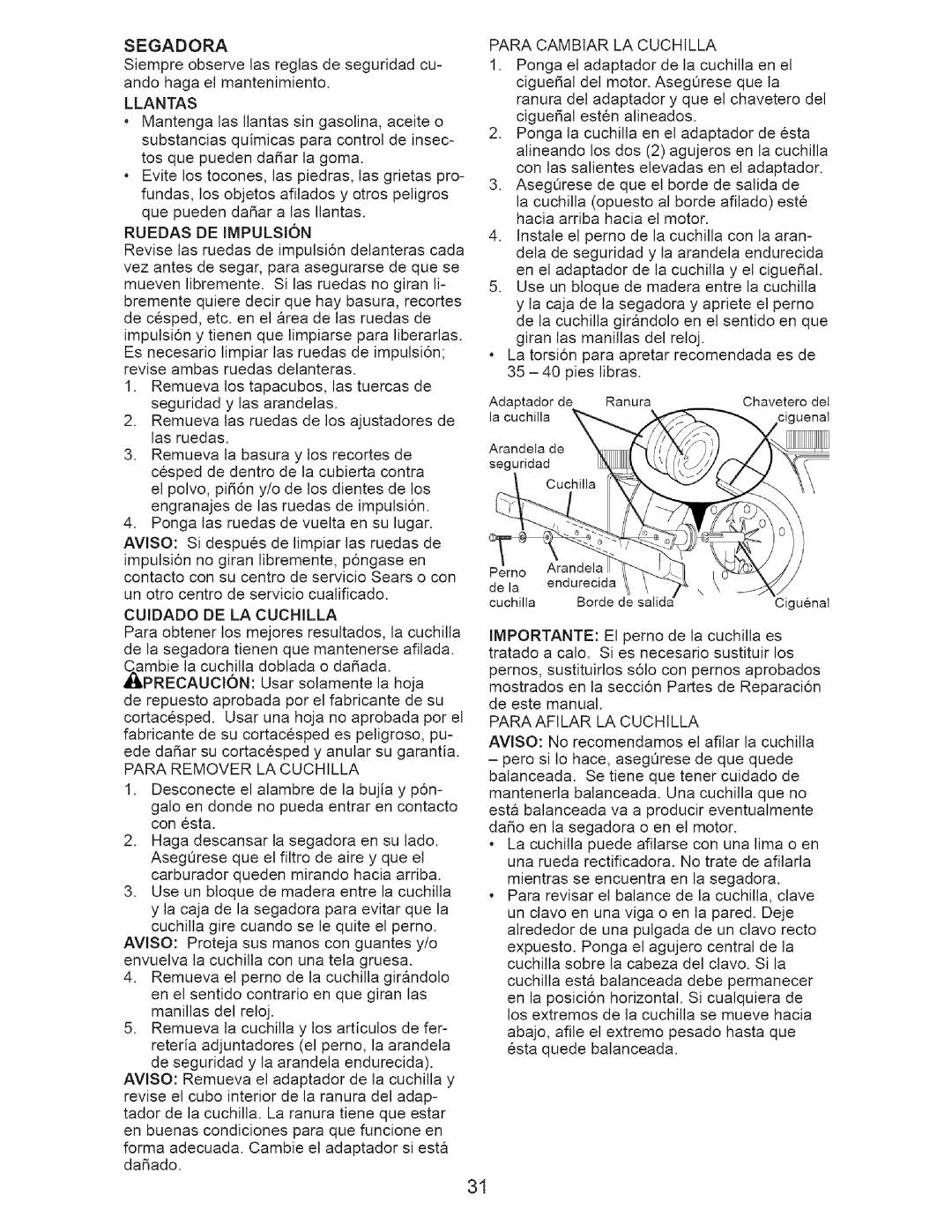 Craftsman 917.37192 manual Segadora, Llantas, Ruedas DE Impulsion, Cuidado DE LA Cuchilla 