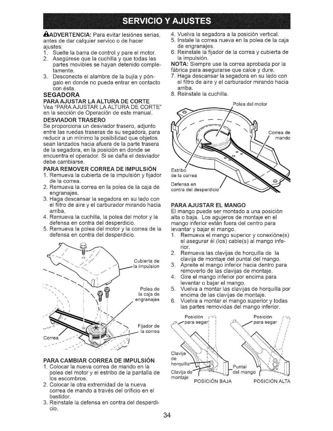 Craftsman 917.37192 manual Para Ajustar LA Altura DE Corte, Desviador Trasero, Para Remover Correa DE Impulsion 