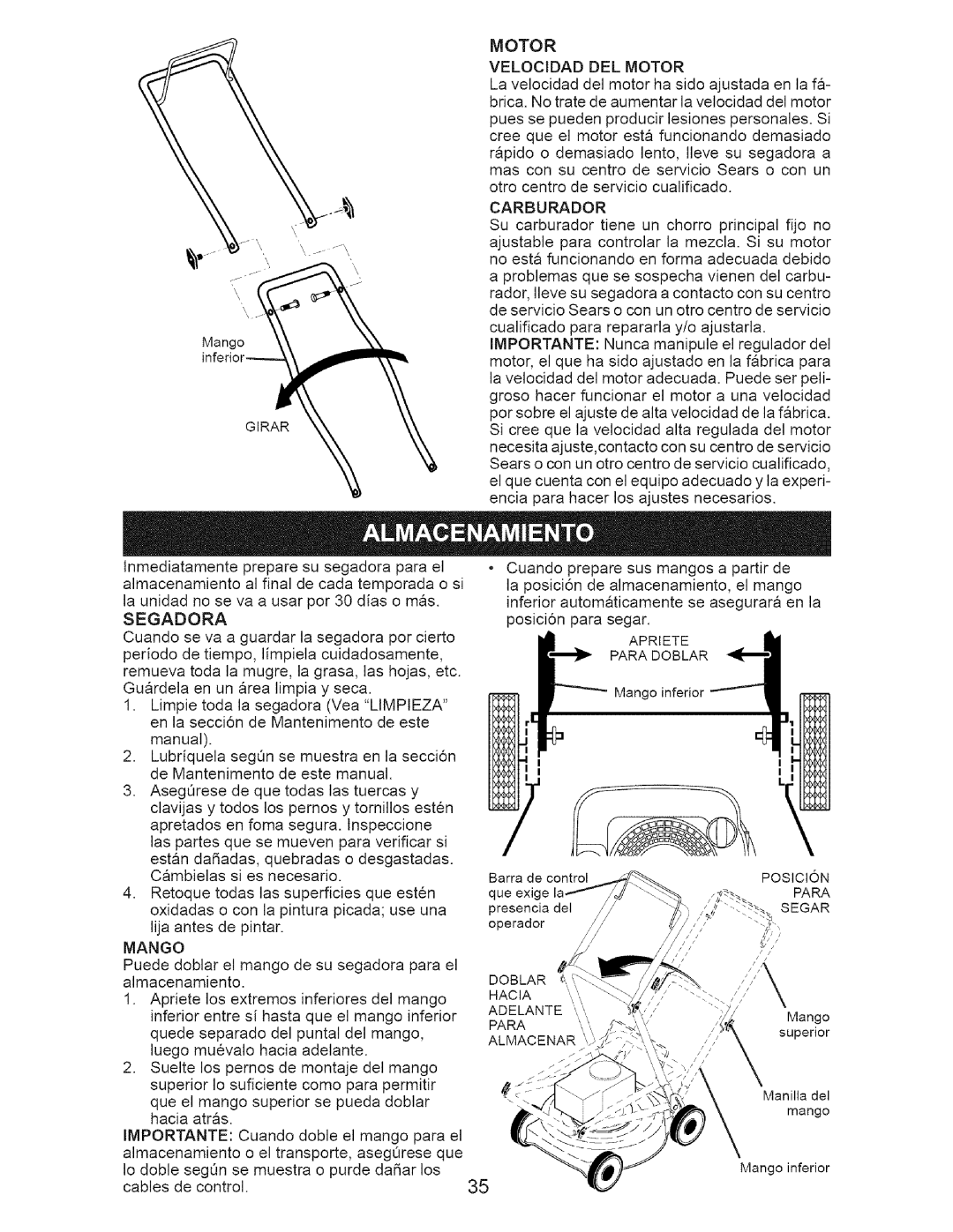 Craftsman 917.37192 manual Motor Velocidad DEL Motor, Hacia Adelante 