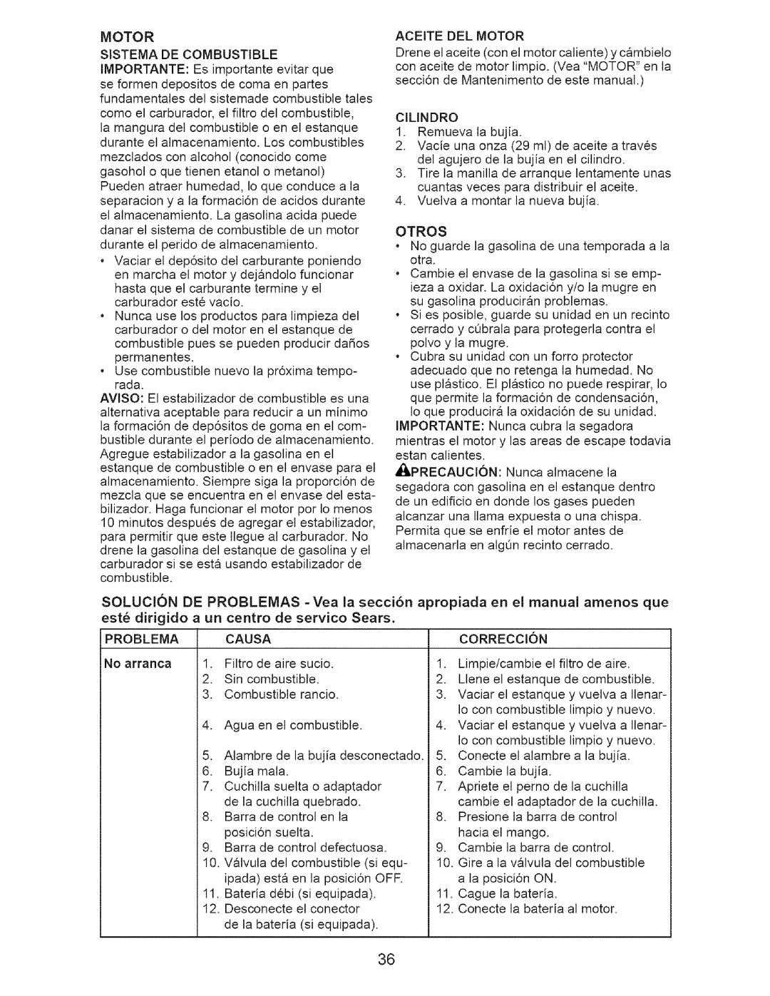 Craftsman 917.37192 manual Motor Sistema DE Combustible, Problema 