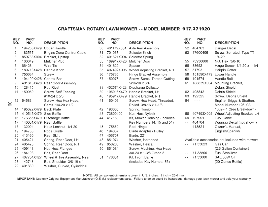 Craftsman 917.37192 manual Craftsman Rotary Lawn Mower - Model Number, Key, Part Description, SAE 30W 