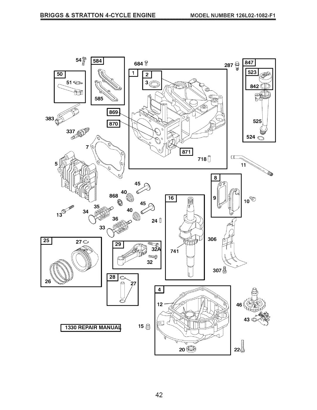 Craftsman 917.37192 manual Briggs & Stratton 4=CYCLE Engine Model Number 126L02-1082-FI, Repair Manuai 