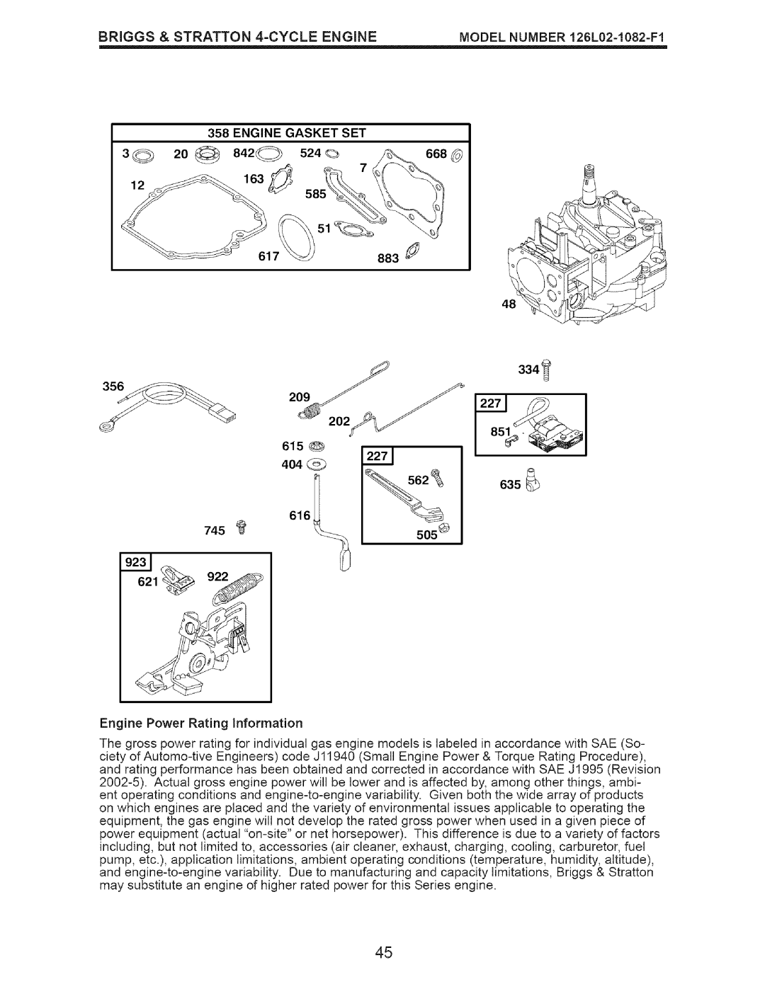 Craftsman 917.37192 manual 209, Engine Gasket SET 